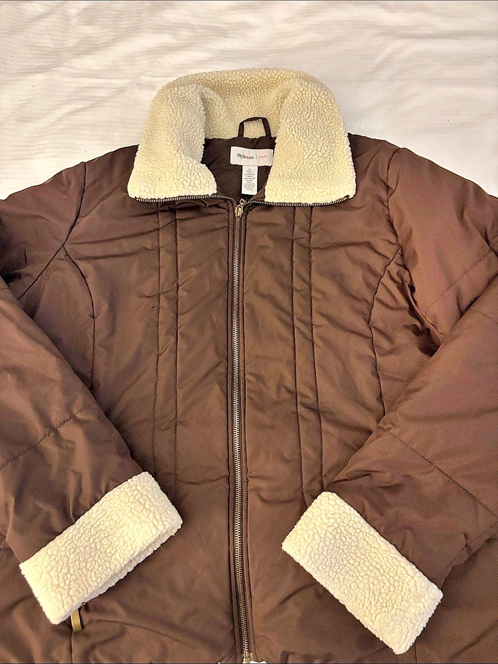 Style&co. Faux Shearling Collar Puffer Brown & Cream XL
